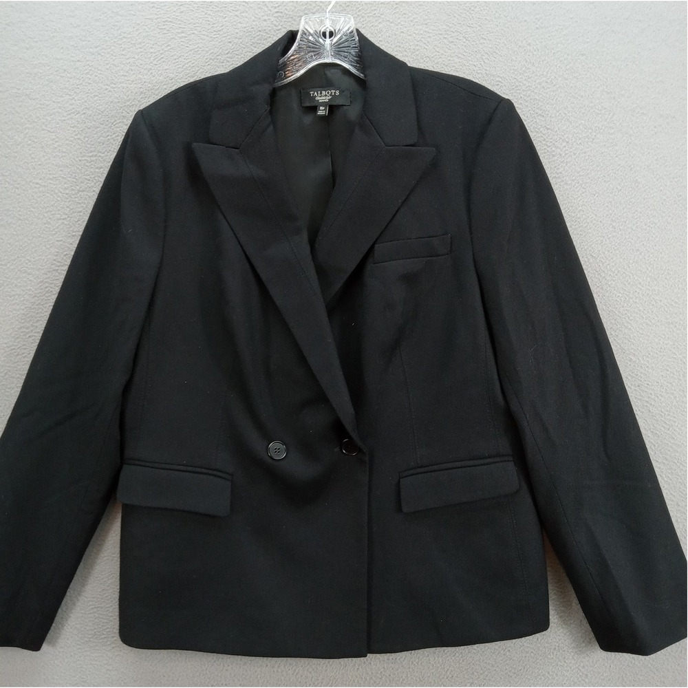 Talbots Blazer Jacket Womens 16P Double Breasted Black Wool Blend Professional